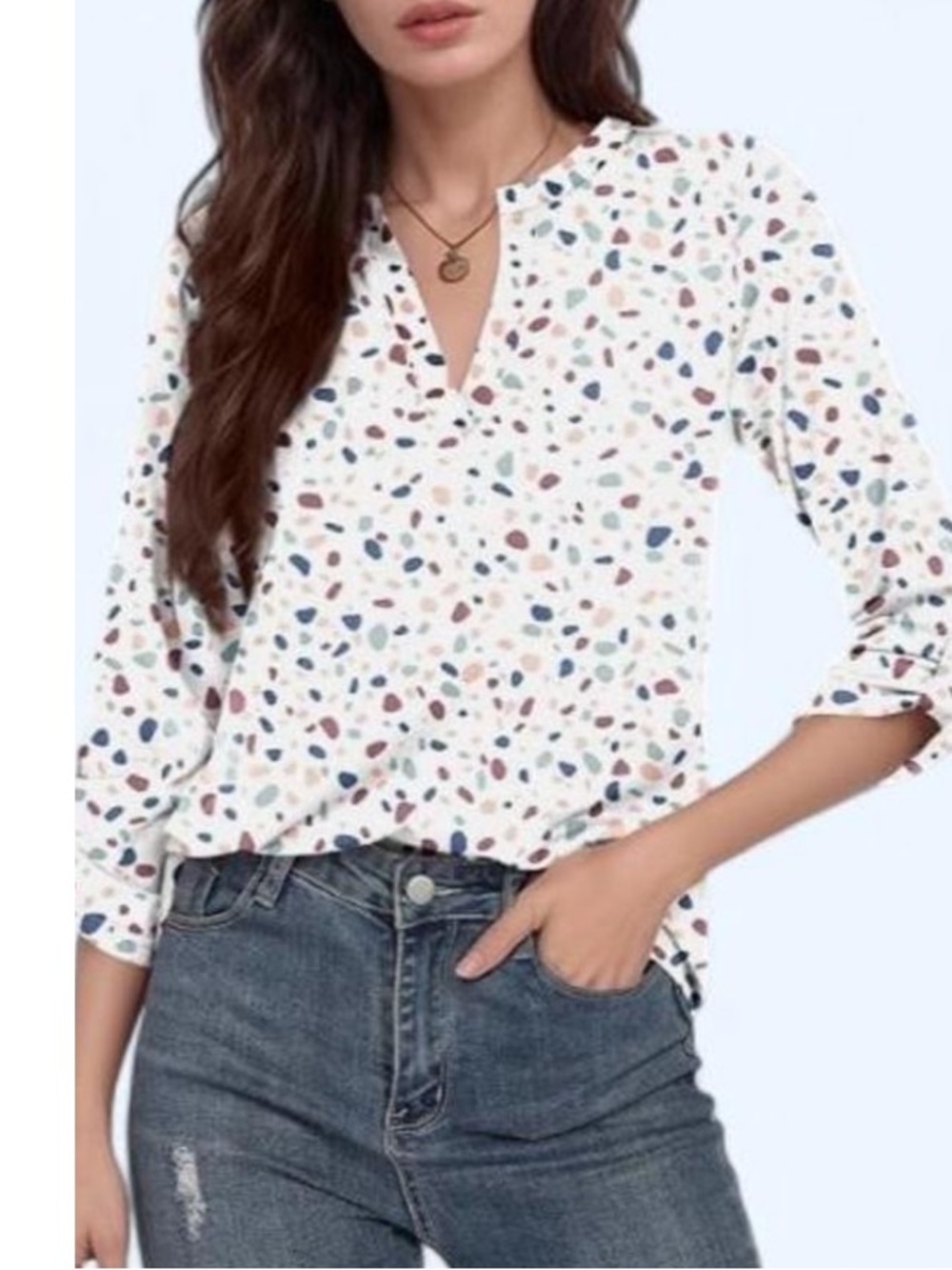 White Long Sleeve Top with Colorful Dots 3/4 Sleeves